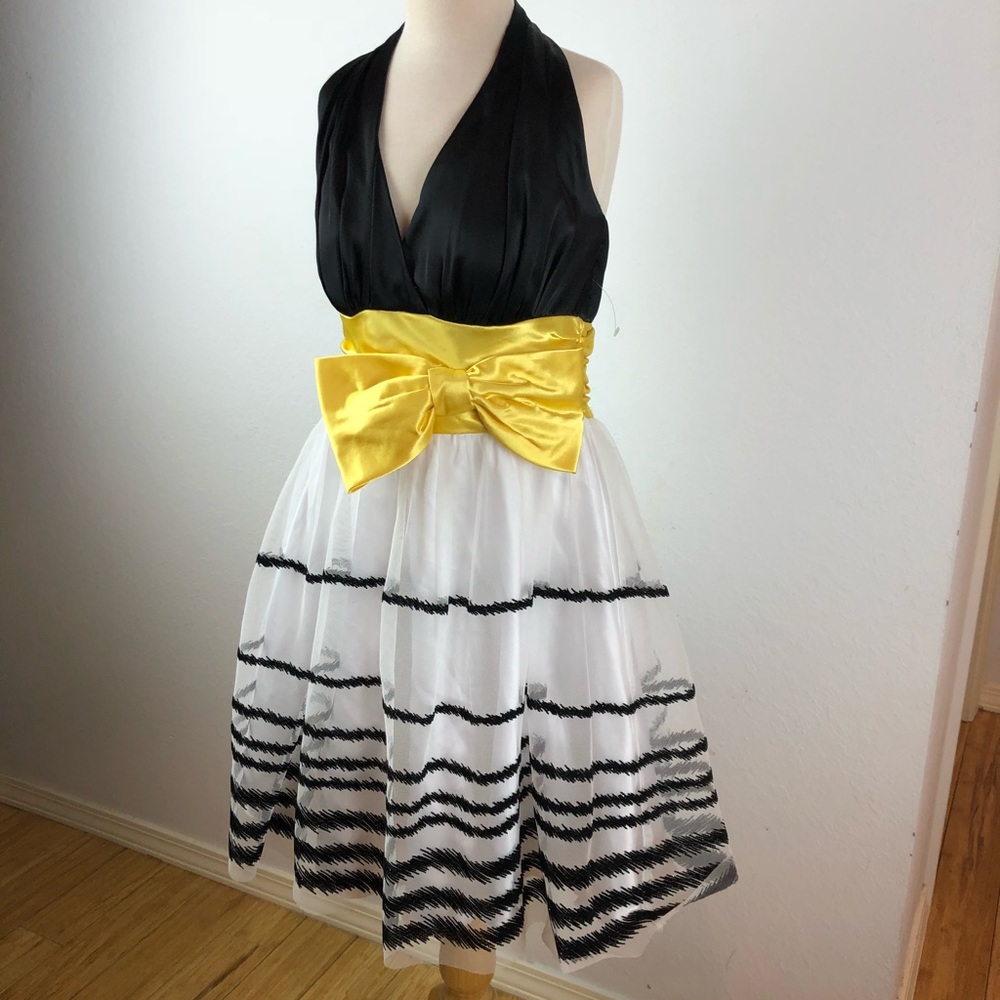 B&W Party Dress with Yellow Bow Belt